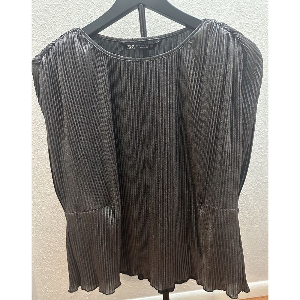 Zara Black Metallic Black Pleated Sleeveless Blouse Womens Sz S Small Cocktail